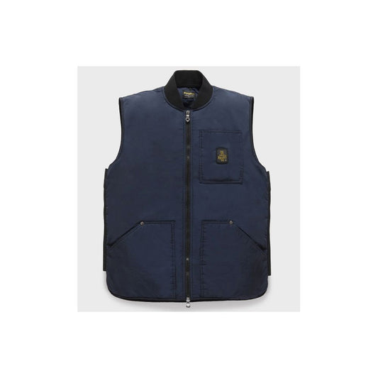 Refrigiwear Blue Polyamide Men Vest with zipper closure, front view, featuring two outer pockets and sleek design for summer wear.