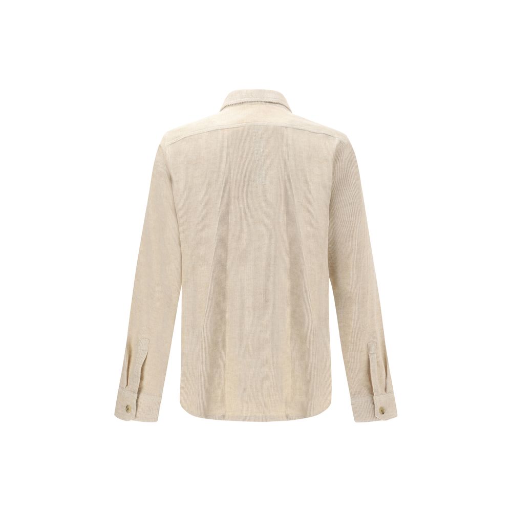 Rick Owens Cream Cotton Shirt with classic collar, back view showing clean lines and buttoned cuffs, minimalist design, AW25 collection.