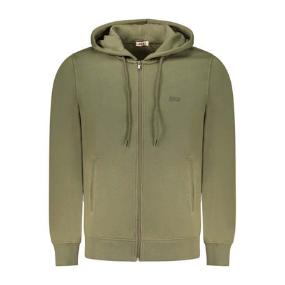 Rifle Green Cotton Men Sweater with hood, featuring a full zip closure, embossed logo, and two pockets for casual style and comfort.