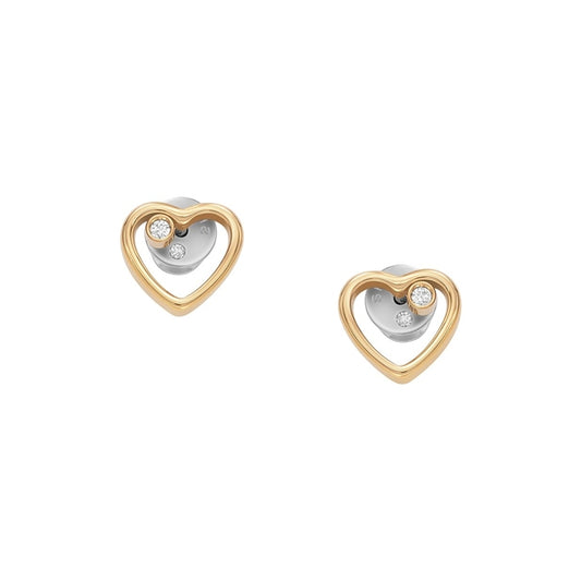 Heart-shaped earrings from SKAGEN DENMARK JEWELS JEWELRY Mod. SKJB1008710 with gold rims and small gemstones displayed against a white background.