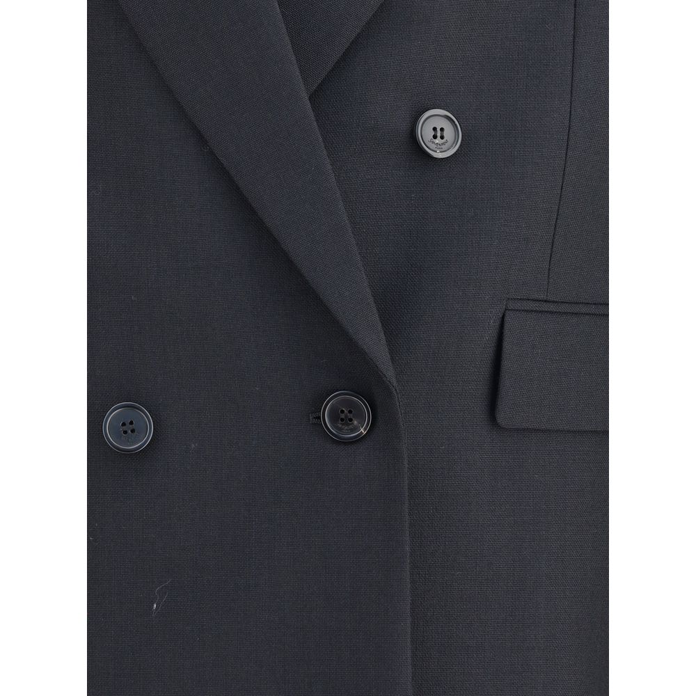 Close-up of Saint Laurent Black Wool Clothing featuring double-breasted blazer with six-button closure and peaked lapels.