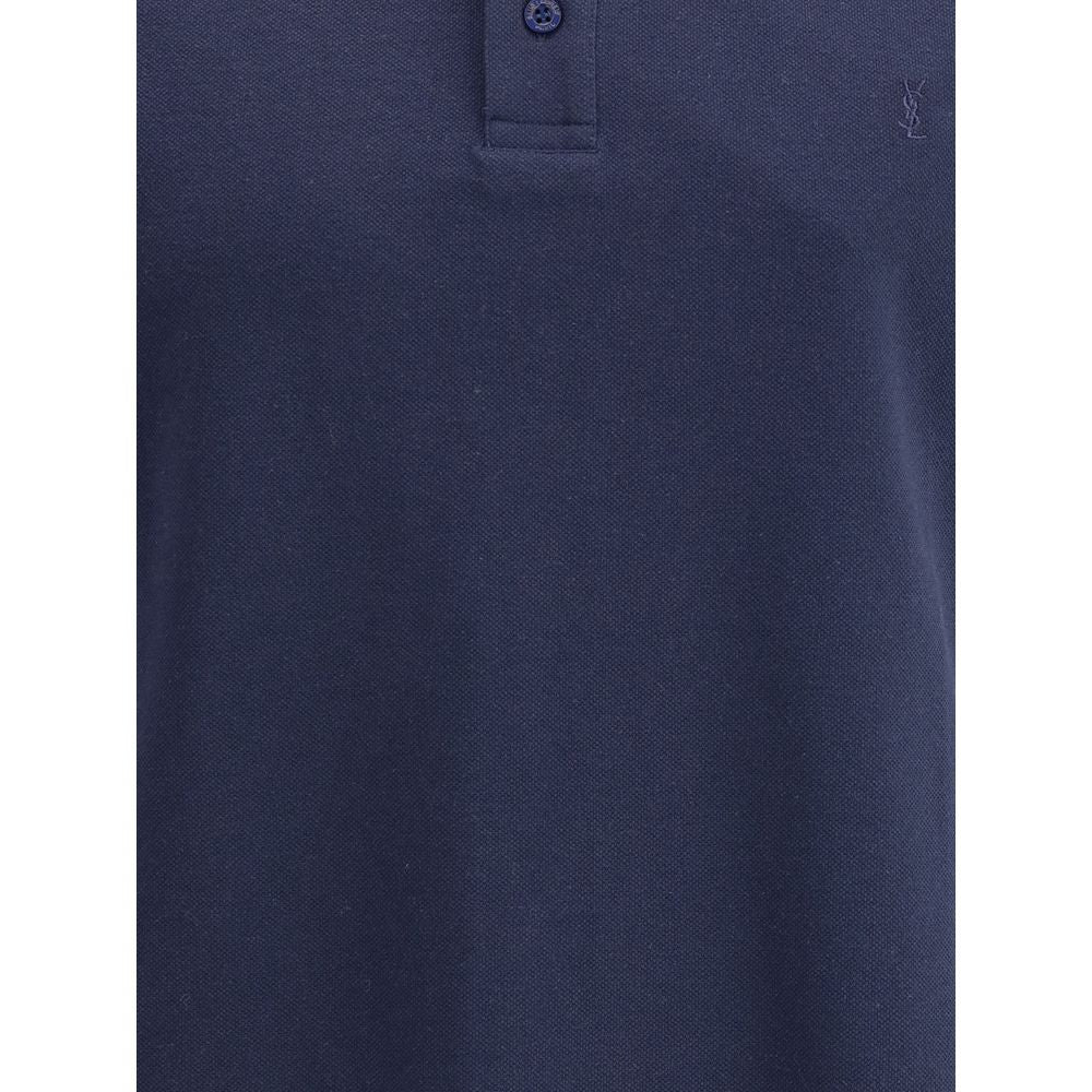 Saint Laurent Blue Cotton Polo Shirt with ribbed collar and embroidered Cassandre logo, featuring tone-on-tone buttons. Regular fit design.