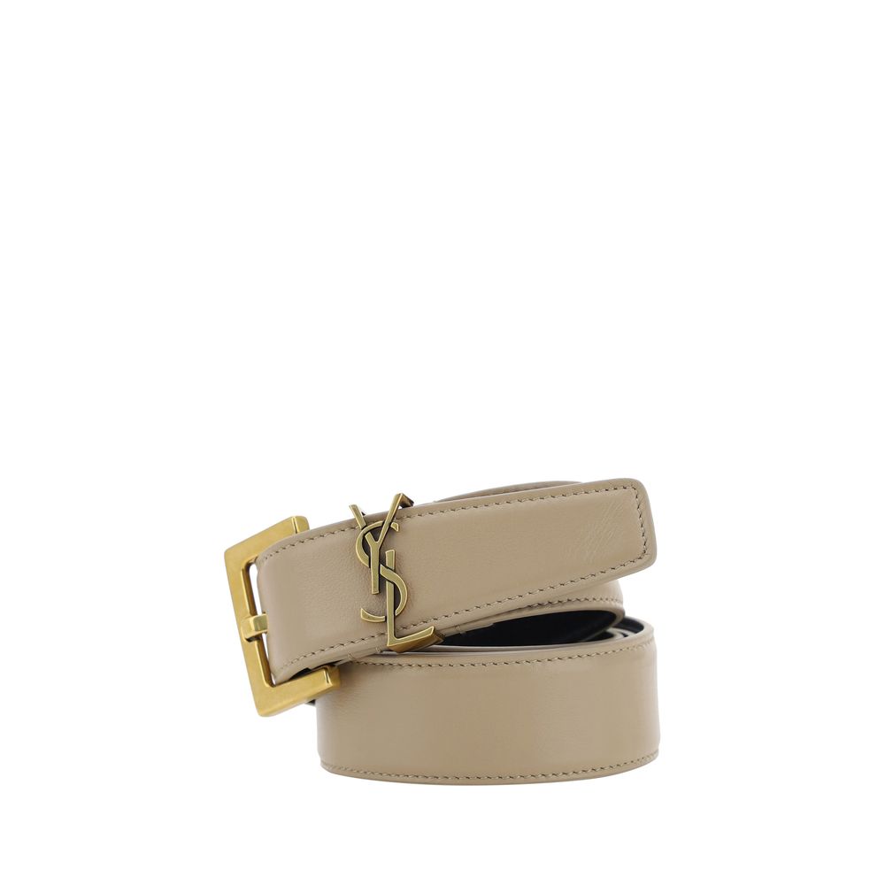 Saint Laurent Brown Calf Leather Bos Taurus Regular Belt with brass-plated logo front plaque, 2.5 cm, perfect for formal or casual outfits.
