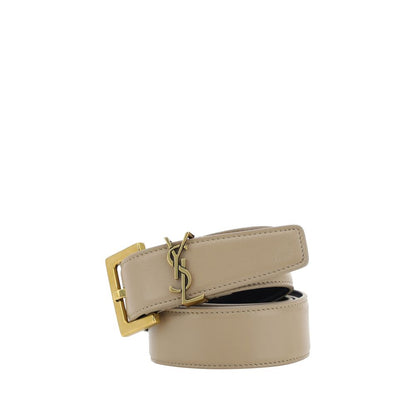 Saint Laurent Brown Calf Leather Bos Taurus Regular Belt with brass-plated logo front plaque, 2.5 cm, perfect for formal or casual outfits.