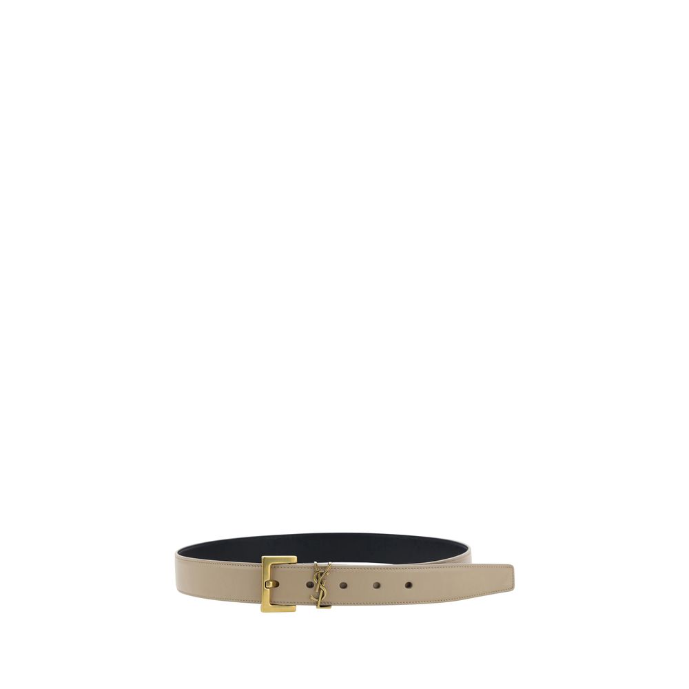 Saint Laurent Brown Calf Leather Bos Taurus Regular Belt with brass logo plaque, luxury accessory for formal and casual outfits.