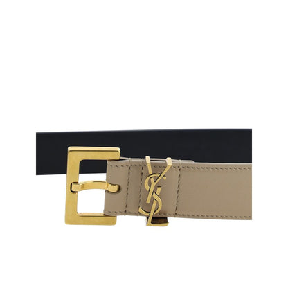 Saint Laurent Brown Calf Leather Bos Taurus Regular Belt with brass-plated logo buckle, perfect for formal and casual outfits.