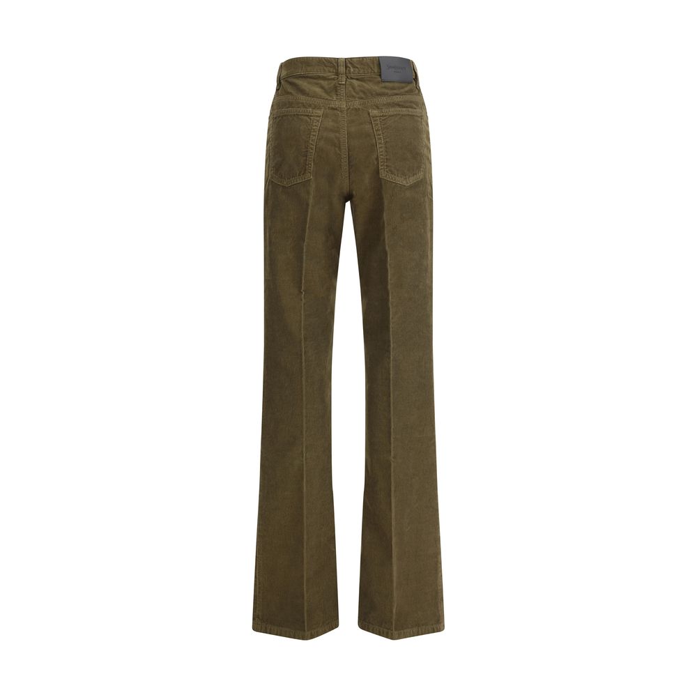 Back view of Saint Laurent Green Cotton Casual Pants featuring corduroy design, five-pocket style, and leather jacron detail.
