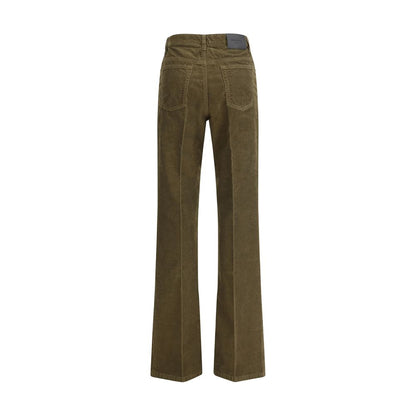 Back view of Saint Laurent Green Cotton Casual Pants featuring corduroy design, five-pocket style, and leather jacron detail.