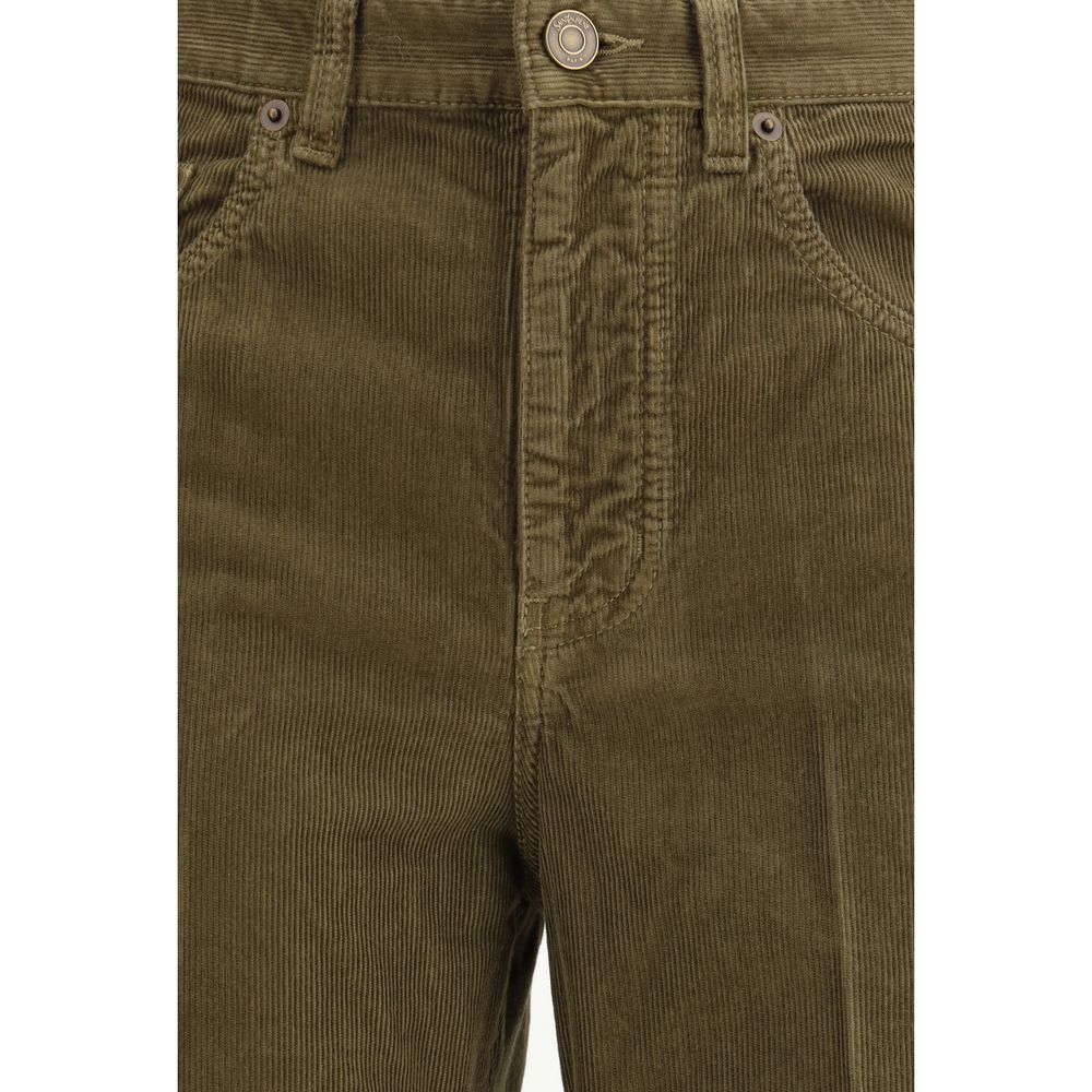 Close-up of Saint Laurent Green Cotton Casual Pants with corduroy texture, featuring button closure and five-pocket design.