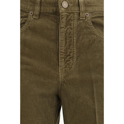 Close-up of Saint Laurent Green Cotton Casual Pants with corduroy texture, featuring button closure and five-pocket design.