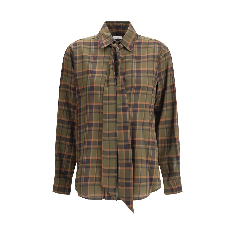 Saint Laurent Green Cotton Pattern Shirt with check design and lavallière bow, AW25 collection.
