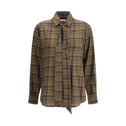 Saint Laurent Green Cotton Pattern Shirt with check design and lavallière bow, AW25 collection.