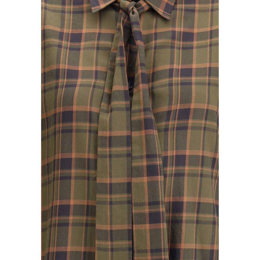 Close-up of Saint Laurent Green Cotton Pattern Shirt with check design and lavallière bow.