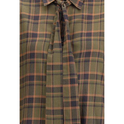 Close-up of Saint Laurent Green Cotton Pattern Shirt with check design and lavallière bow.