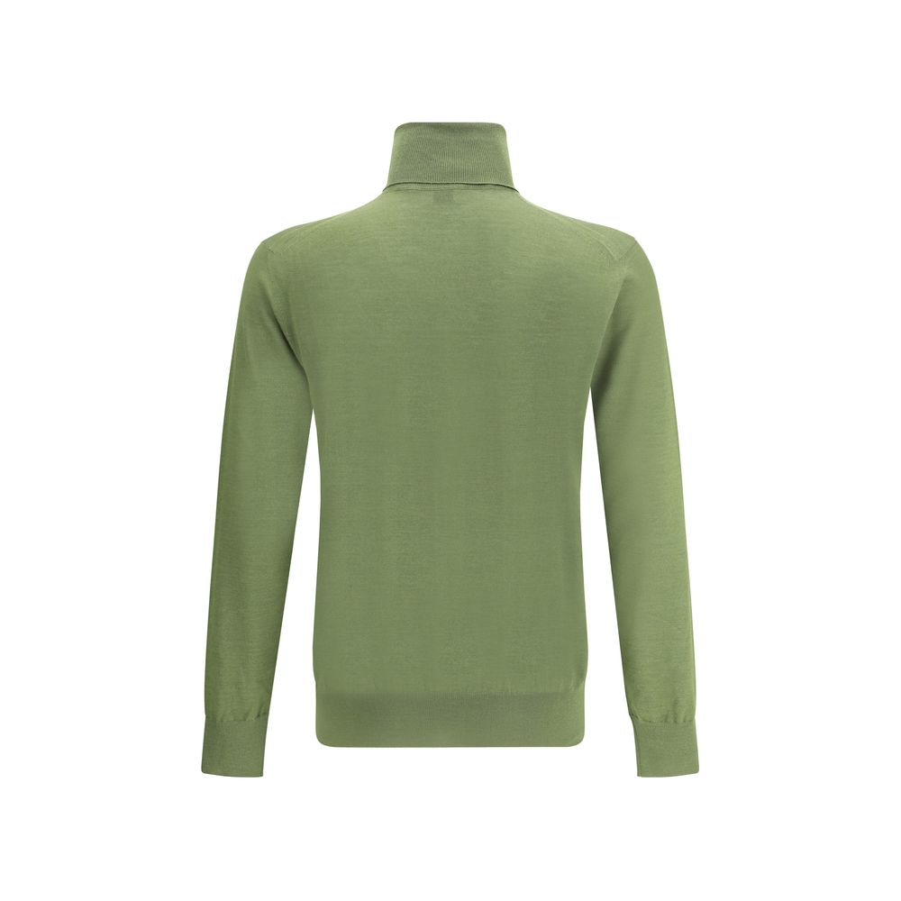 Saint Laurent Green Wool Turtleneck sweater with ribbed collar, hem, and cuffs, showcasing timeless elegance and warmth in a versatile style.