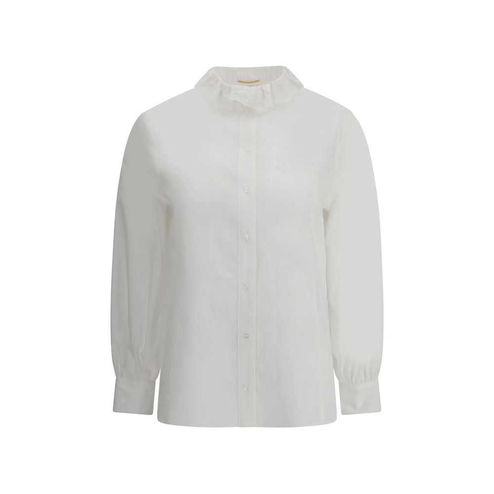 Saint Laurent White Cotton Dress Shirt with lace Pierrot collar and beveled cuffs, showcasing elegant and bold sartorial style.