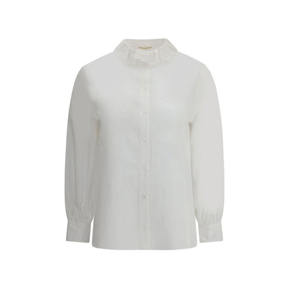 Saint Laurent White Cotton Dress Shirt with lace Pierrot collar and beveled cuffs, showcasing elegant and bold sartorial style.