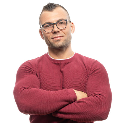 Man wearing Sandro Gray Plastic Glasses (Frames), stylish full-rim design, in a burgundy sweater. Focus on glasses with plastic frame.