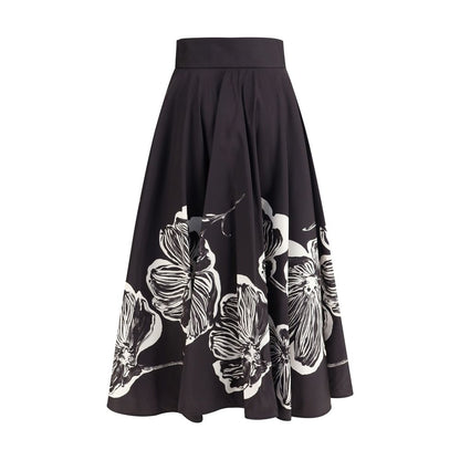 Sara Roka Black Polyester Midi Skirt with floral graphic pattern and wide silhouette, featuring discreet side zipper.