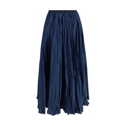 Sara Roka Blue Polyester Midi Skirt with crinkle effect and elastic waistband, perfect for sophisticated look and comfortable fit.