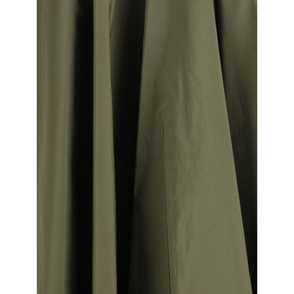 Sara Roka Green Polyester Midi Skirt with flowing line and side zipper, featuring two front welt pockets for a tailored look.