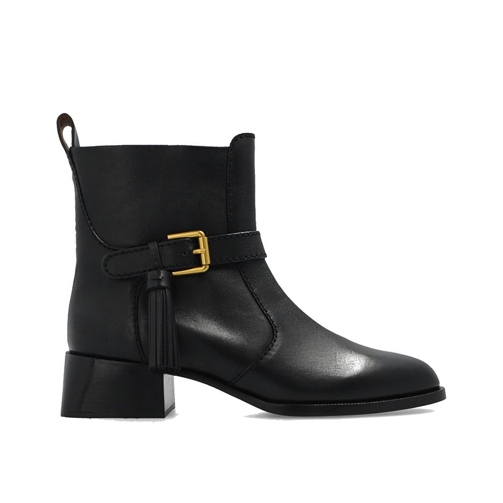 See By Chloé Black Calfskin Ankle Boots with side zip and adjustable strap, 100% calf leather, made in Spain