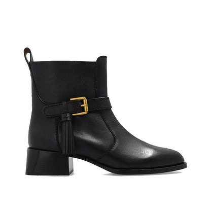 See By Chloé Black Calfskin Ankle Boots with side zip and adjustable strap, 100% calf leather, made in Spain