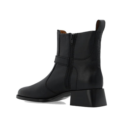 See By Chloé Black Calfskin Ankle Boots with side zip and adjustable strap, made in Spain with leather lining and rubber sole.