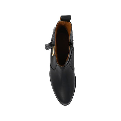 Top view of See By Chloé Black Calfskin Ankle Boots with side zip, adjustable strap, leather lining, and rubber sole.