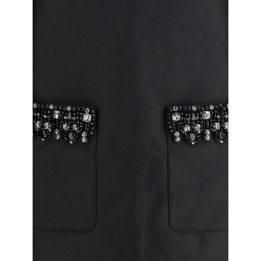 Close-up of Self-Portrait Black Polyester Casual Dress with rhinestone trim and front pockets