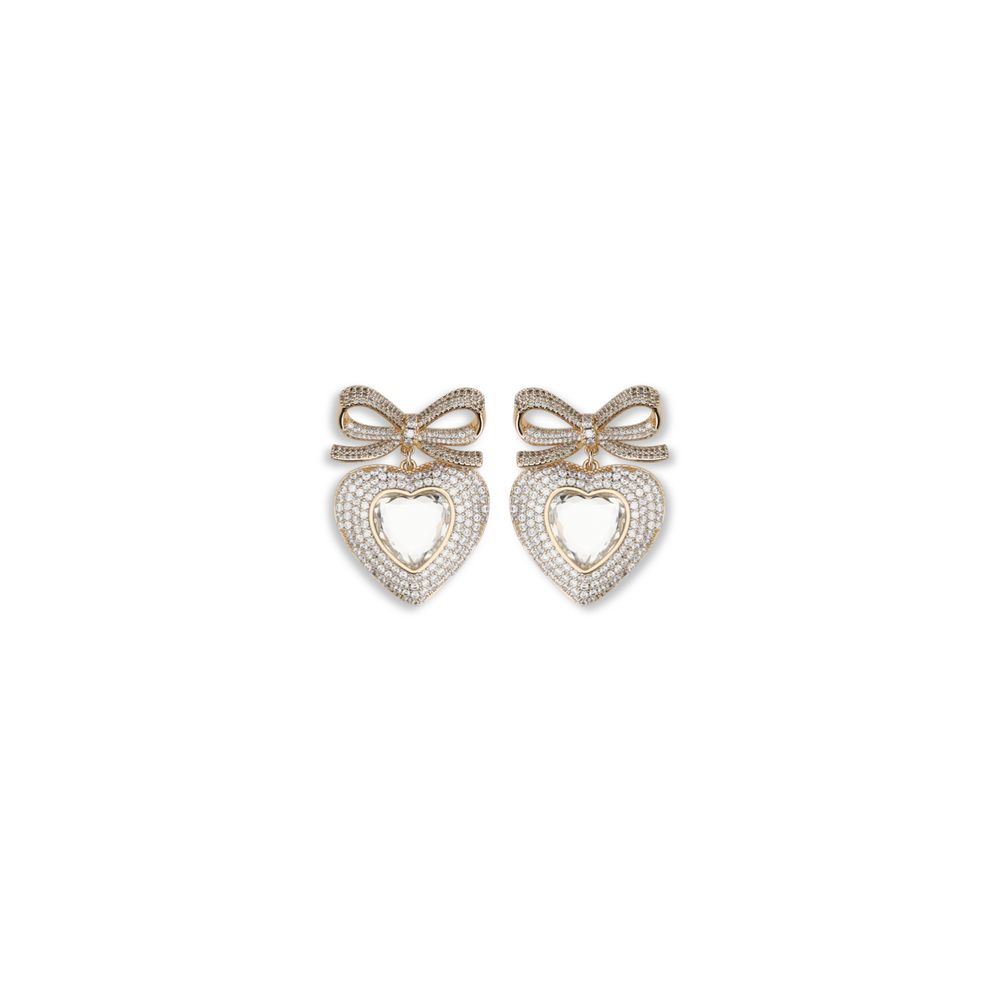 Self-Portrait Gold Brass Earrings with heart-shaped bows and silver crystal drops, elegant jewelry for stylish outfits.