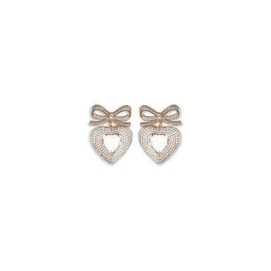 Self-Portrait Gold Brass Earrings with heart-shaped bows and silver crystal drops, elegant jewelry for stylish outfits.