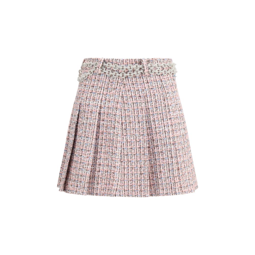 Self-Portrait Multicolor Wool Mini Skirt with rhinestone belt, pink pleated bouclé fabric, and hidden side zipper, AW25 season style.