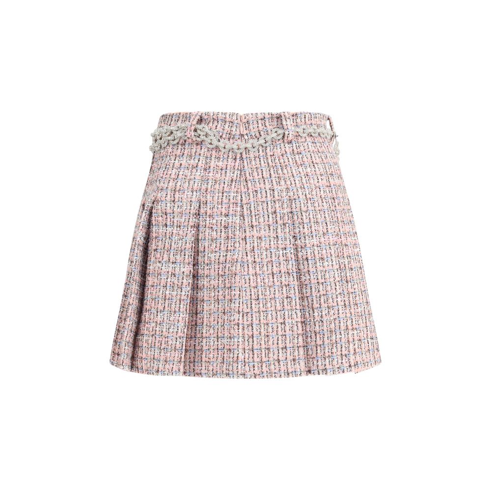 Self-Portrait Multicolor Wool Mini Skirt with rhinestone chain belt and pleated pink bouclé fabric, clean line, and minimal stretch.