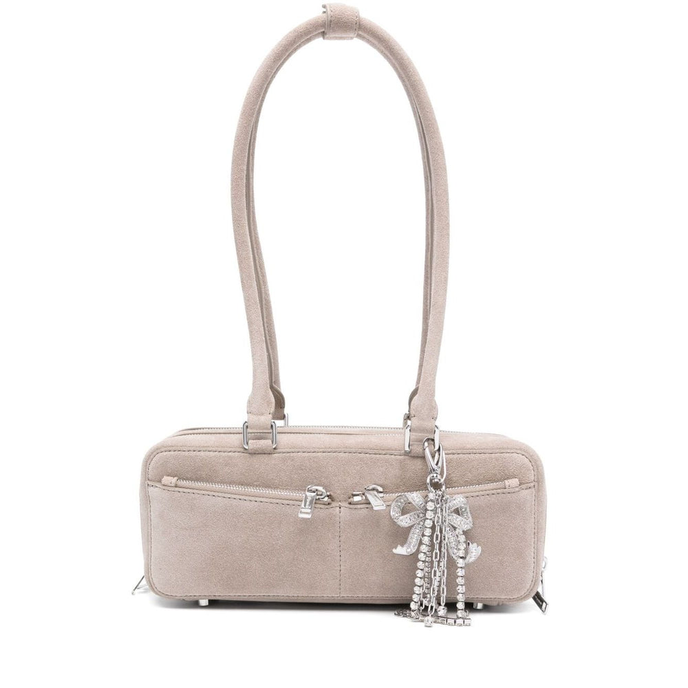 Self-Portrait suede baguette shoulder bag in grey with top zip fastening, silver-tone hardware, and bow detailing.