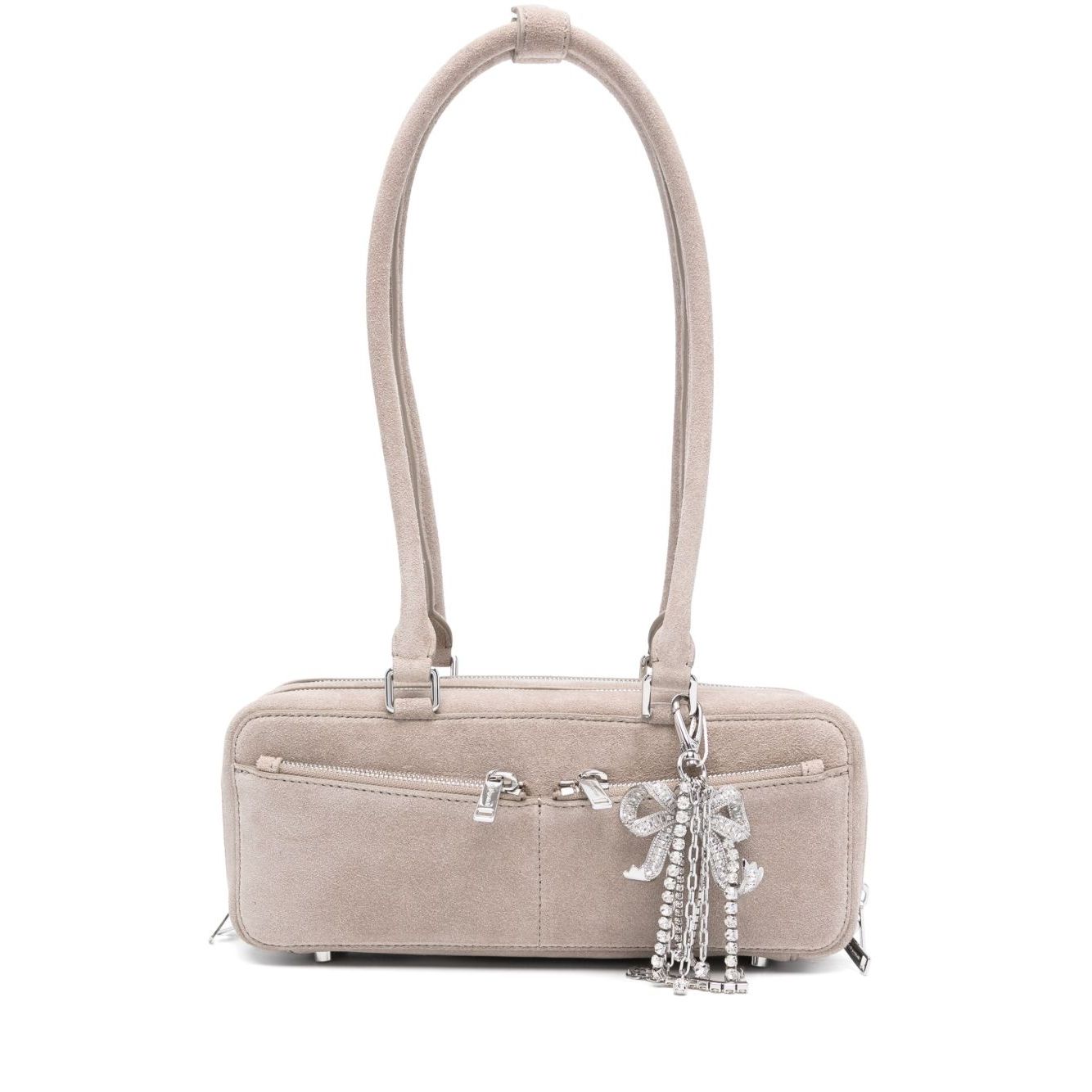Self-Portrait suede baguette shoulder bag in grey with top zip fastening, silver-tone hardware, and bow detailing.