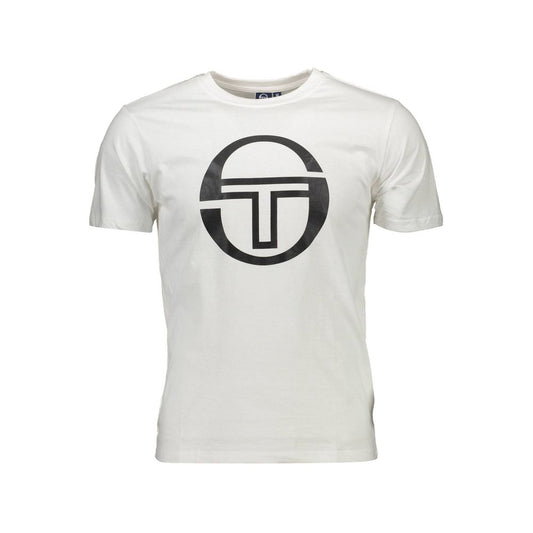 Sergio Tacchini White Cotton Men T-Shirt with bold print and signature logo, short sleeve, crew neck, premium casual luxury fashion.