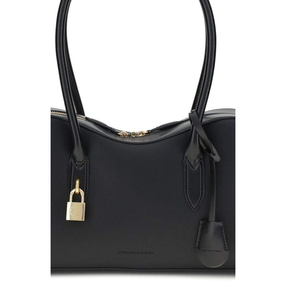 Stella McCartney Black Nylon Shoulder Bag with embossed logo and logoed padlock, featuring leatherette material and round handles.