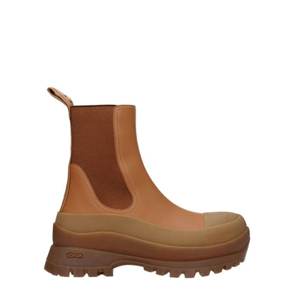 Stella McCartney Brown Leather Ankle Boots with mid heels, eco leather, brown color, rubber sole, round toe, back logo, casual style.