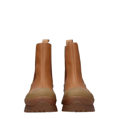 Stella McCartney Brown Leather Ankle Boots, eco-friendly casual design with back logo, mid heels, and round toe.