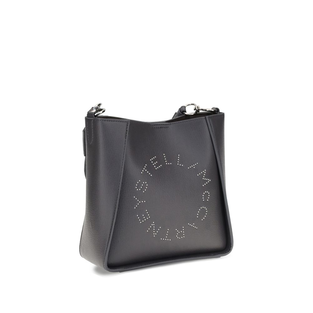 Stella McCartney Logo Shoulder Bag with stainless steel details and contrasted stitching, featuring studded logo for sustainable elegance.
