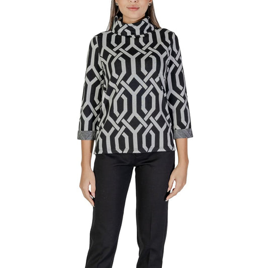 Woman wearing Street One Black Polyester Sweatshirt with jacquard pattern and scarf collar for stylish comfort.