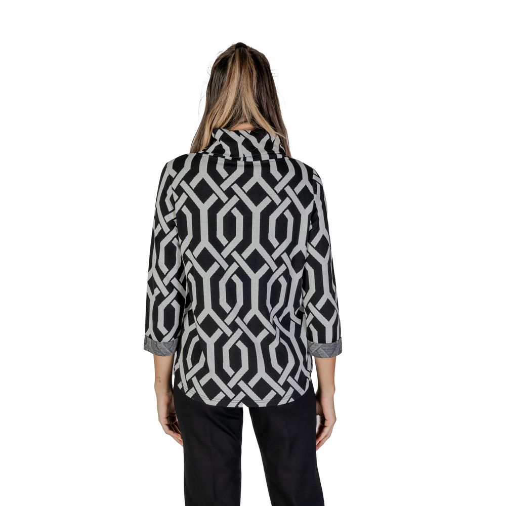 Alt Tag: Woman wearing Street One Black Polyester Sweatshirt with geometric jacquard pattern and scarf collar, rear view