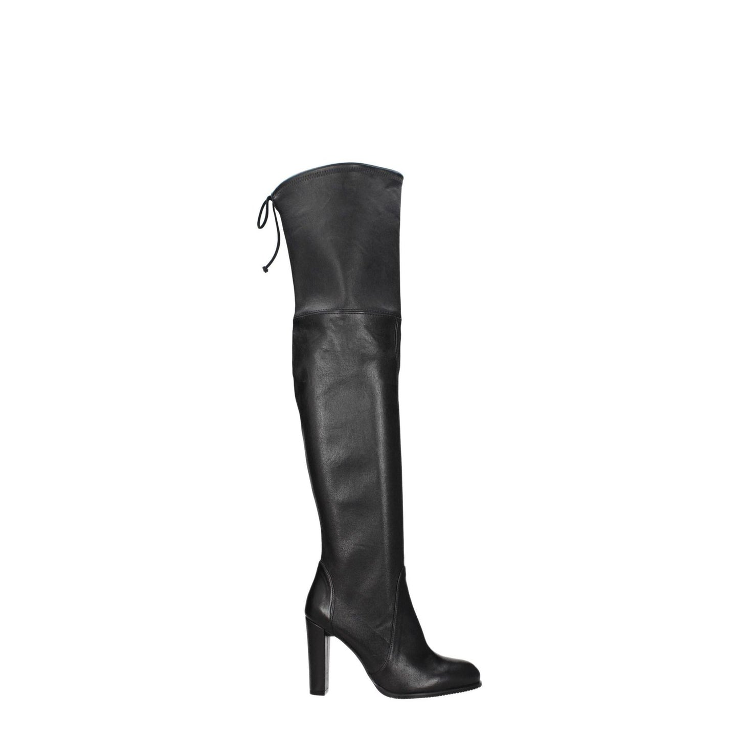 Stuart Weitzman Black Leather Over The Knee boots with high heel and drawstring closure, featuring vintage effect and rubber sole.