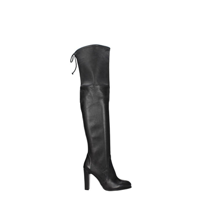 Stuart Weitzman Black Leather Over The Knee boots with high heel and drawstring closure, featuring vintage effect and rubber sole.