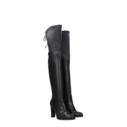 Stuart Weitzman Black Leather Over The Knee boots with drawstring closure, high heel, and round toe design.