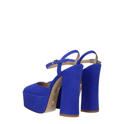 Stuart Weitzman Blue Leather Platform Sandals with high heel and buckle closure, featuring suede material in vibrant blue color.