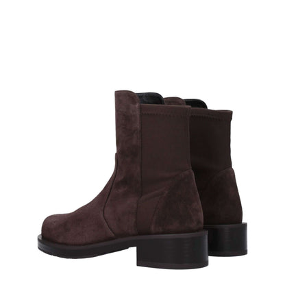 Stuart Weitzman Brown Leather Ankle Boots in suede, casual style with rubber sole, mid heels, and round toe, side rear view.