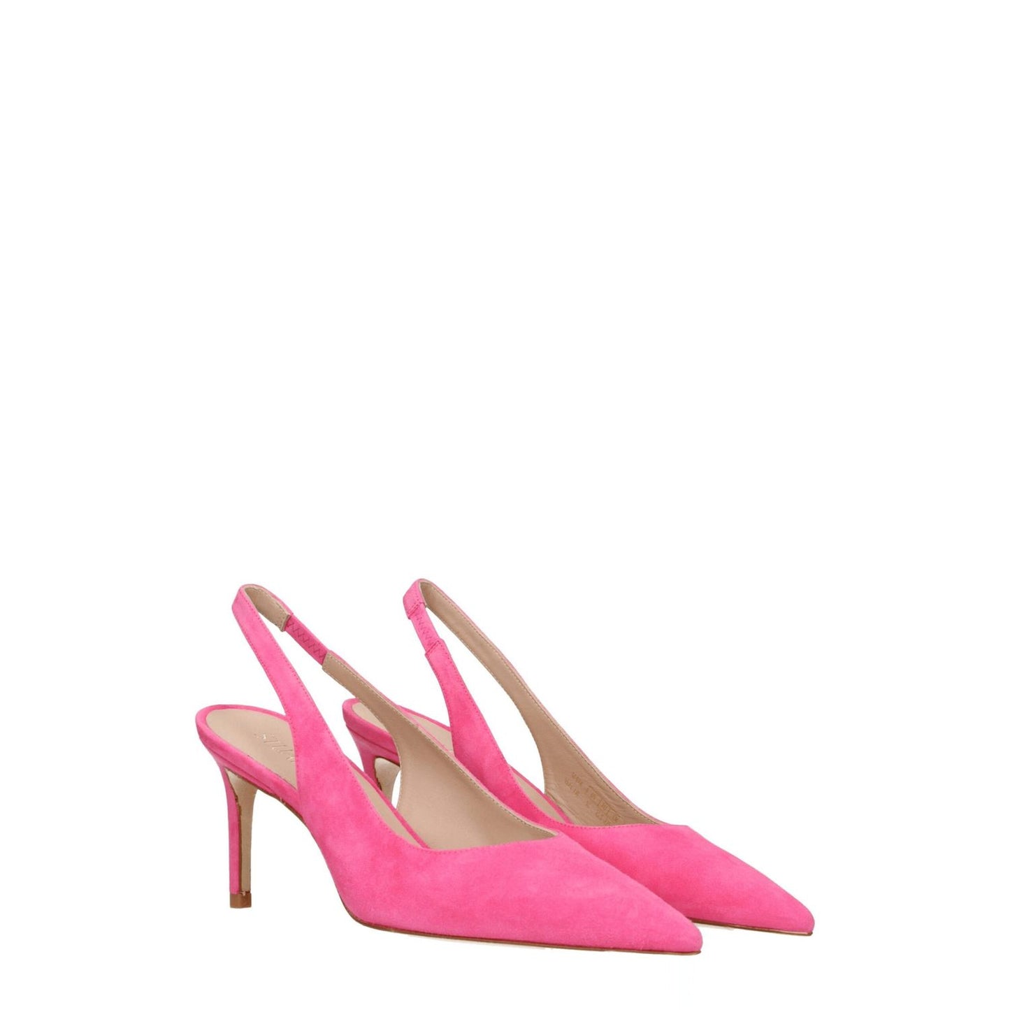 Stuart Weitzman Pink Leather High Heel Pumps, suede pointy toe with a mid heel for casual style, MPN STUART75SUESC424HOTPINK.