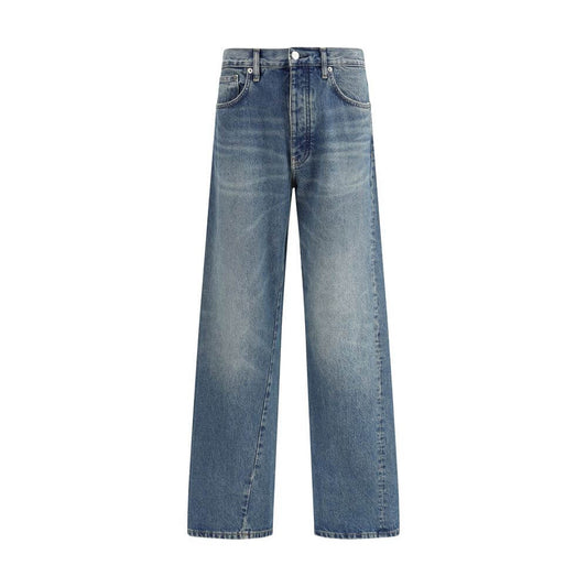 Sunflower Blue Cotton Jeans Denim with wide twist design and vintage wash, showcasing loose fit and recycled metal trims for eco-friendly fashion.